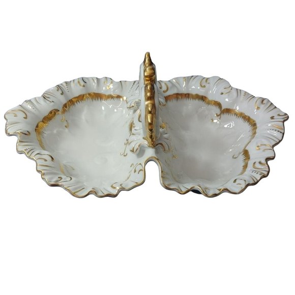 Divided Serving Dish w/ Center Handle Stamped #7608 Bright Gold Trim - Picture 4 of 12